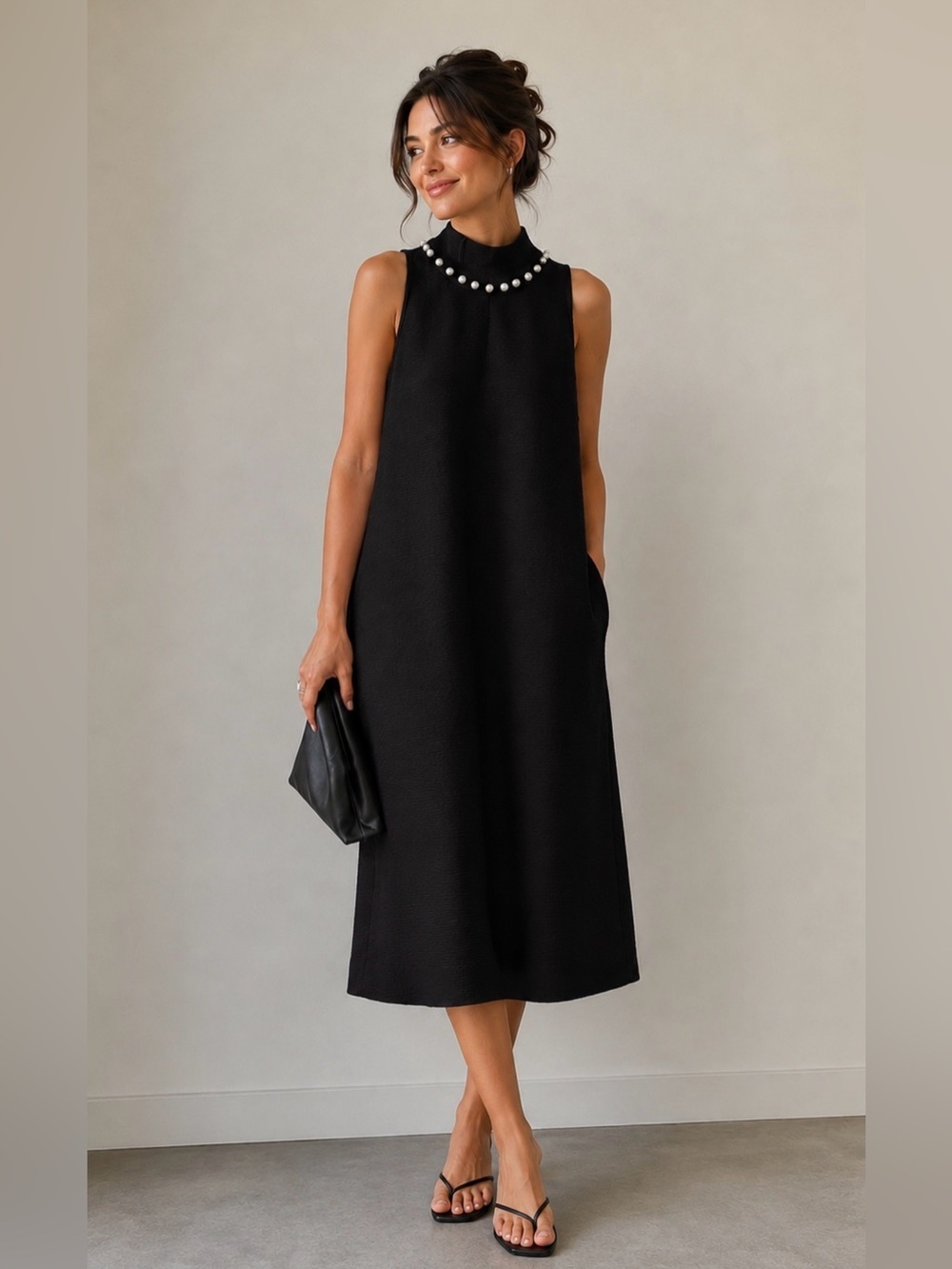 Camila Coelho Elegant Black Sleeveless Dress with Pearl Accents Size M NWT 249$